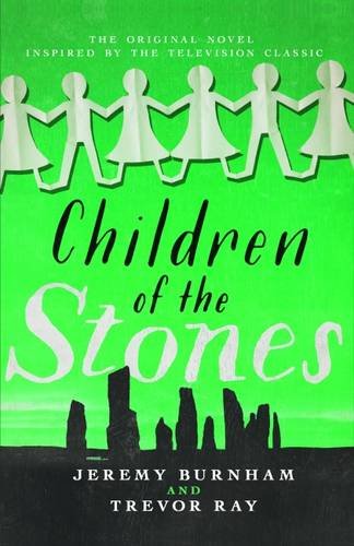 Book cover with paper cut-out figures, title text, and a silhouette of stone monoliths.