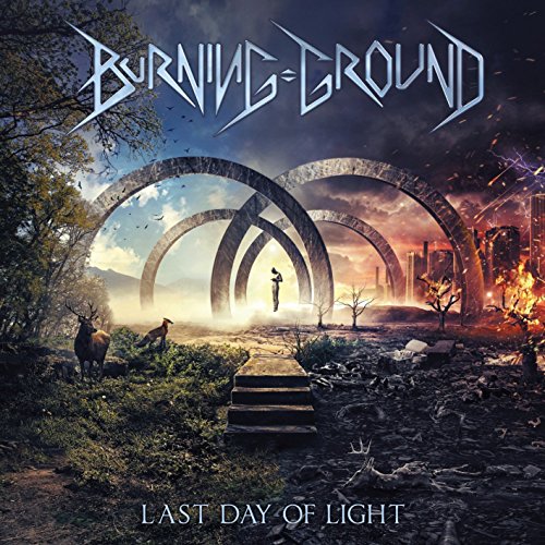 CD cover: apocalyptic landscape with arches, a figure, and deer.