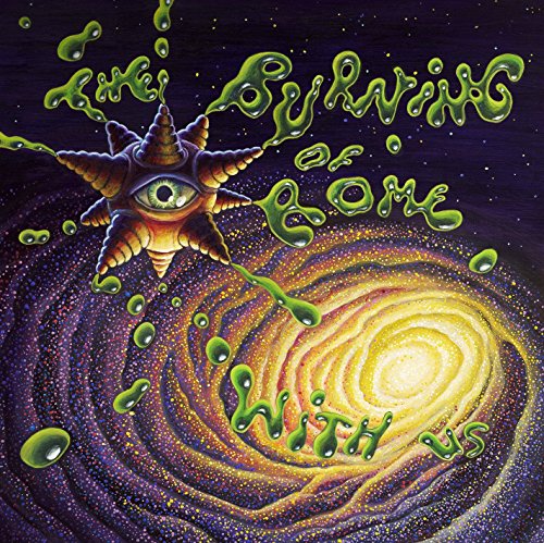 Surreal space art with a glowing eye-star and green slime text against a galaxy.