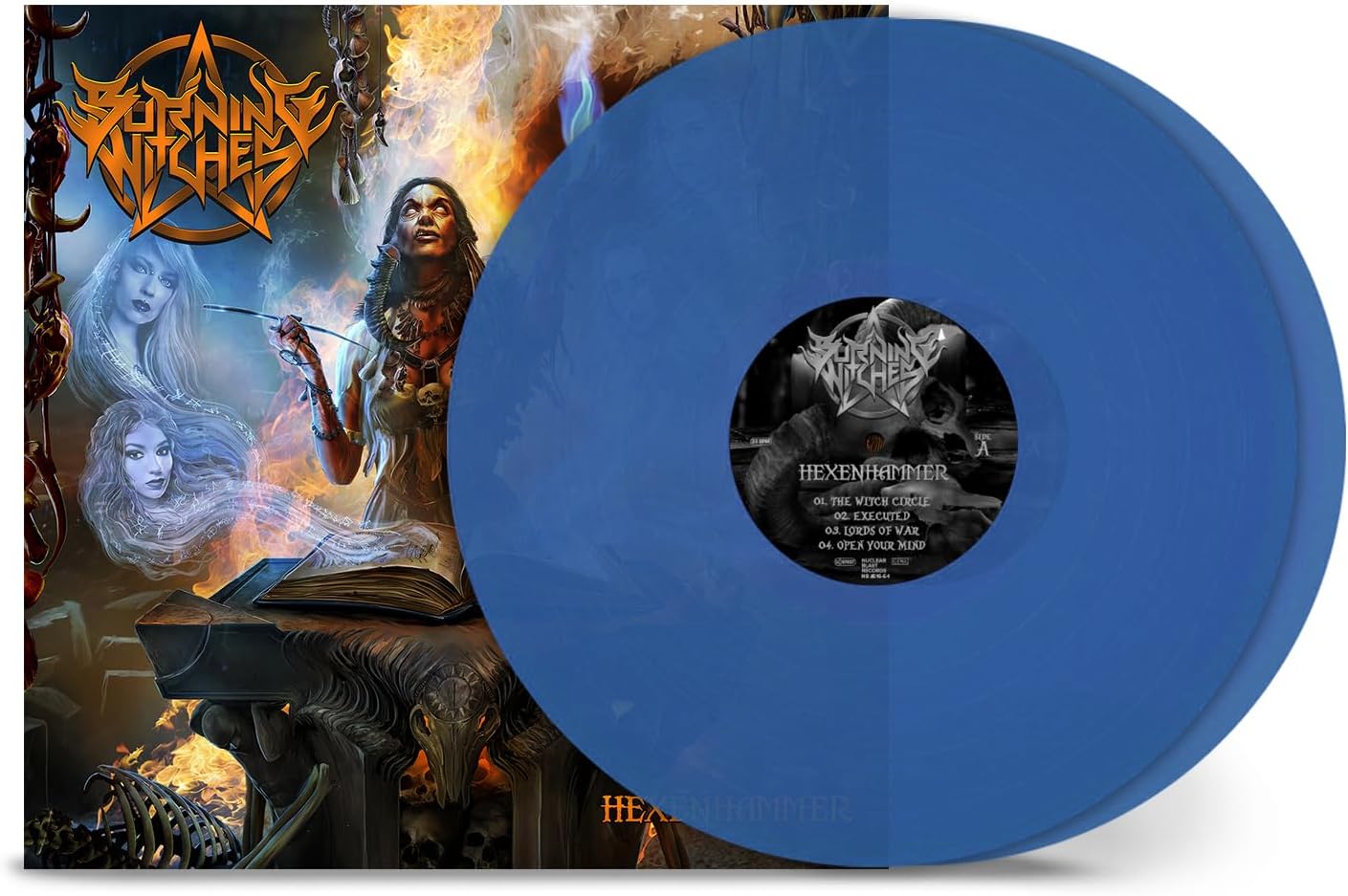 Blue vinyl record in front of the Burning Witches Hexenhammer album cover art.