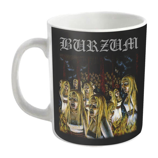 White mug with dark illustration of figures amid flames and text.