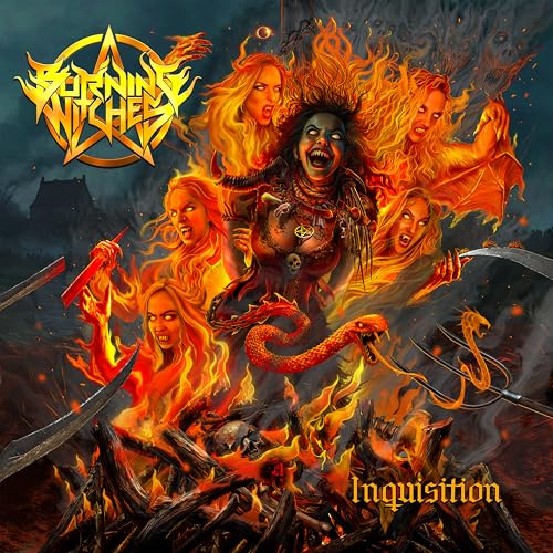 Burning Witches album cover: witches amidst flames, skulls, and weapons.