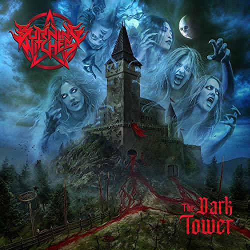 Album cover art featuring a dark stone tower surrounded by ghostly witches and blood.