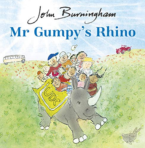 Children riding a grey rhino in a green field, book cover.
