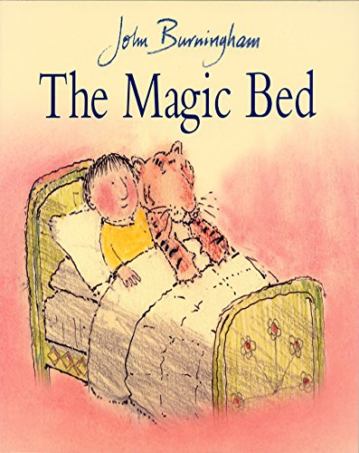 The image depicts a child and tiger lying in bed together, smiling and relaxed.