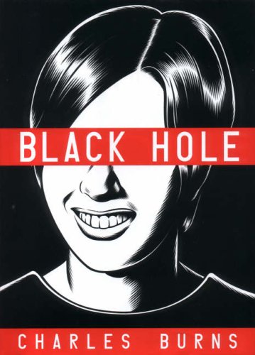 "Black Hole" book cover featuring a black and white illustration of a smiling teenage girl.