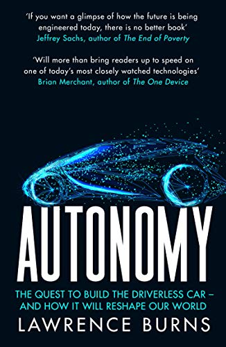 Book cover: “Autonomy” about driverless cars, featuring a blue digital car image.