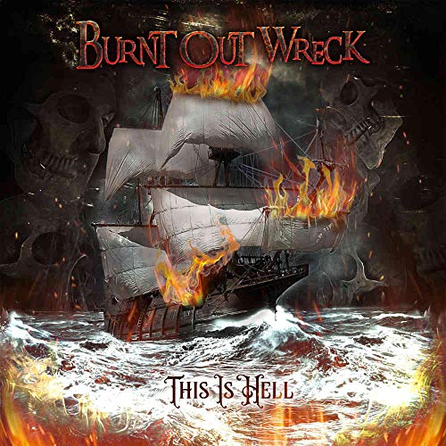 CD cover: burning ship between skull illustrations and stormy water.