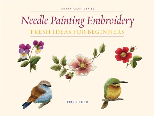 Book cover with embroidered flowers, birds, and title “Needle Painting Embroidery”.