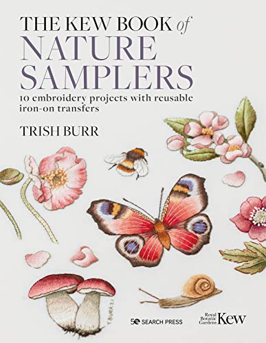 Book cover featuring embroidered nature illustrations of a butterfly, bee, flowers, mushrooms, and snail.