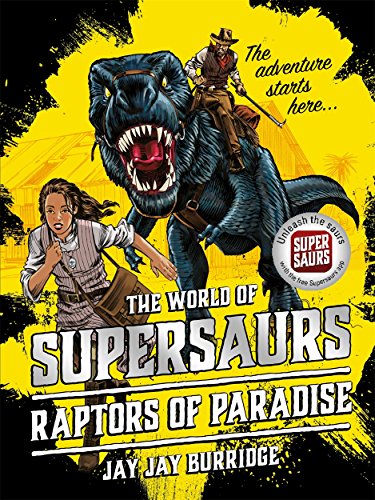 "Book cover featuring a girl, a man on a dinosaur, and bold title text."