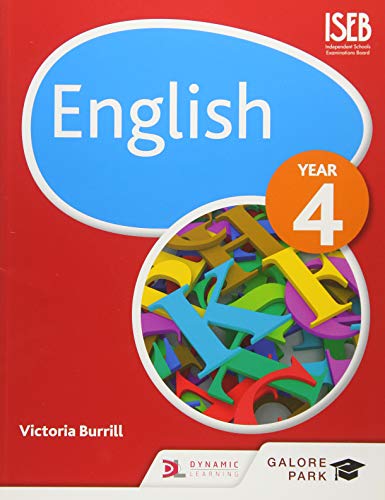 Red textbook cover with "English Year 4" title and colorful letter blocks.