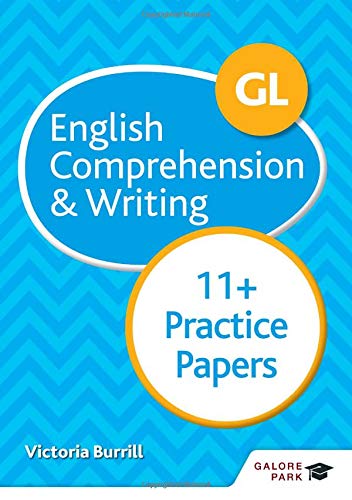 Blue book cover with "English Comprehension 11+ Practice Papers" text.