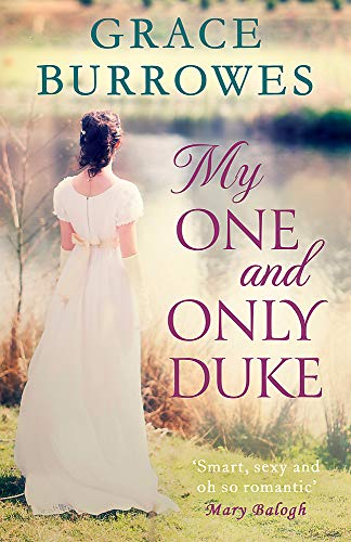 Romance novel cover: woman in white dress, landscape background, title "My One and Only Duke".