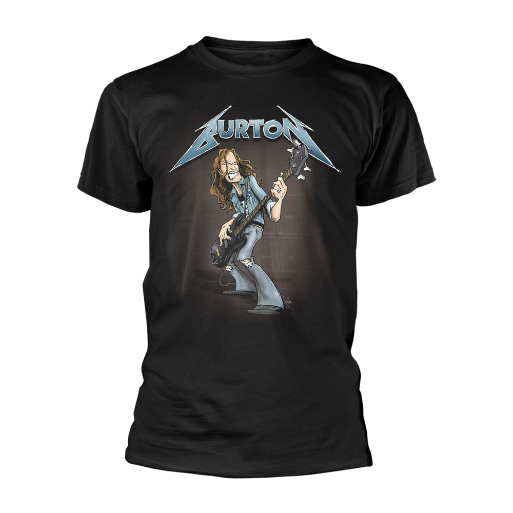 Black t-shirt with cartoon illustration of Cliff Burton playing bass.