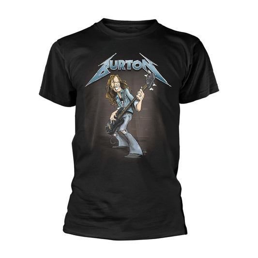 Black t-shirt with cartoon illustration of Cliff Burton playing bass.
