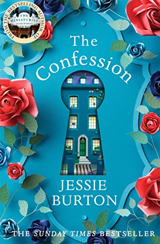 Book cover: "The Confession" with a blue townhouse framed by roses.