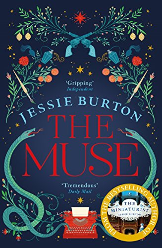 Book cover for The Muse by Jessie Burton featuring snakes, flowers, and a typewriter.