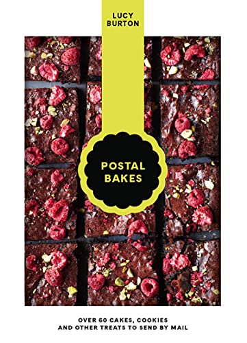 Cookbook cover with raspberry and pistachio brownies, titled "Postal Bakes".