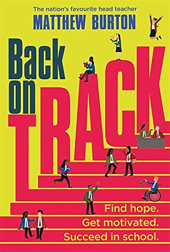 Book cover with yellow background, large pink text, and illustrations of students on stairs.