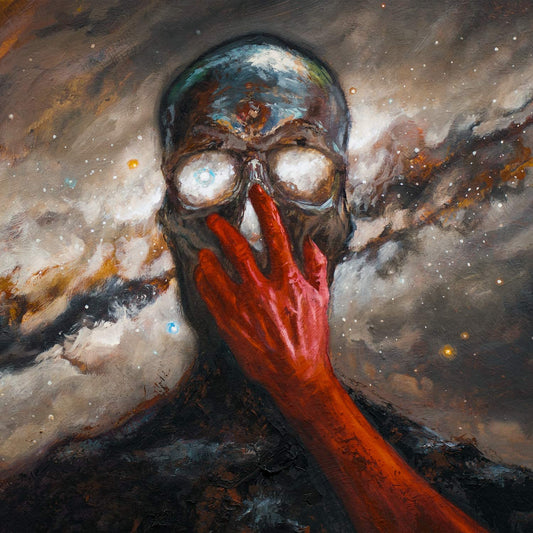 "Album cover art featuring a skull with glowing eyes and a red hand."