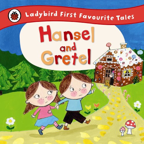 Hansel and Gretel walk toward a candy-covered gingerbread house in a children's book illustration.