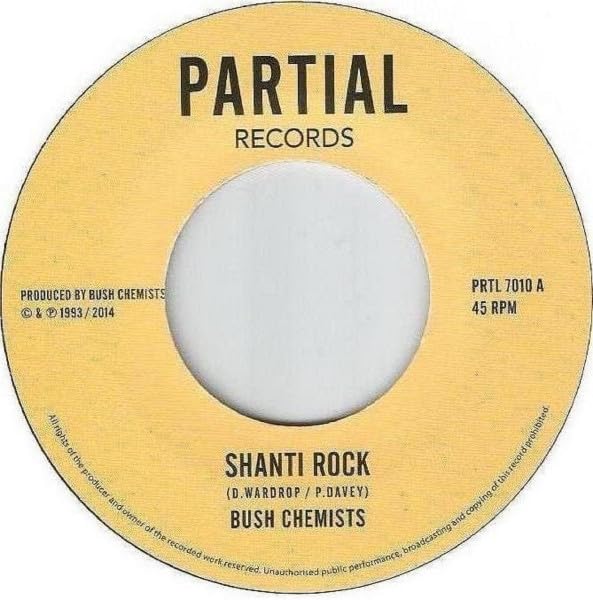 Yellow vinyl record label with black text: "Shanti Rock" by Bush Chemists.