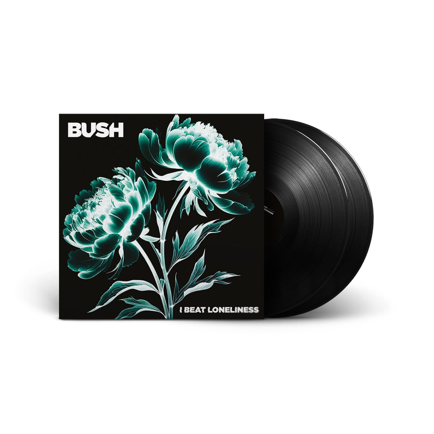 BUSH album "I Beat Loneliness" vinyl record with teal flower cover art.