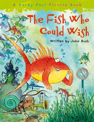 Book cover illustration featuring a large orange fish surrounded by smaller fish and sea creatures.