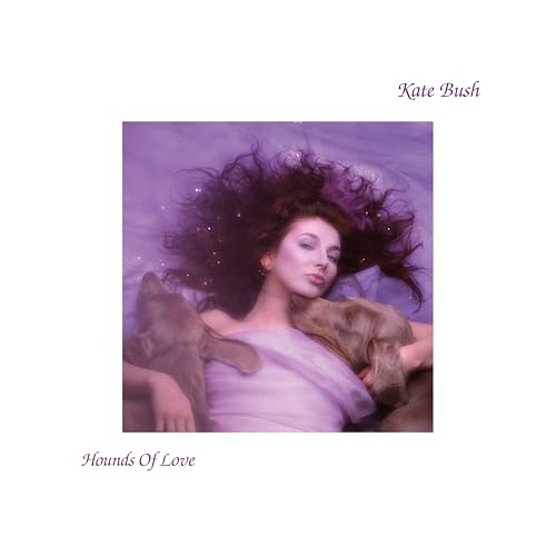 Kate Bush album cover, "Hounds of Love," with woman and dogs in purple.