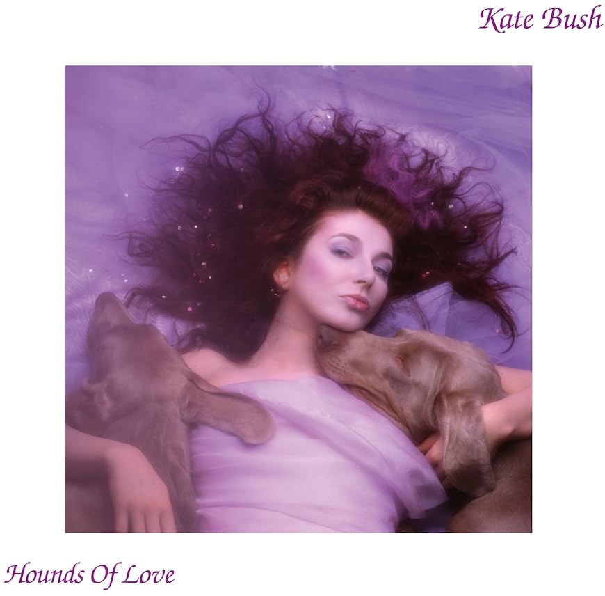 Kate Bush album cover, "Hounds of Love," featuring a woman and dog.