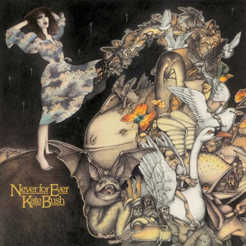Kate Bush standing on a hill with surreal creatures emerging from her dress.