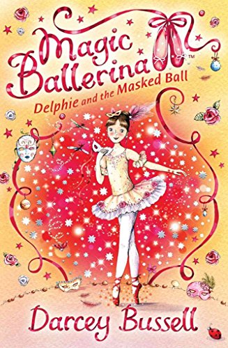 Book cover: young ballerina in red dress with masks and sparkles.