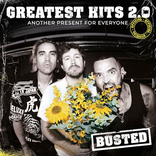 Busted album cover: three men with flowers, dark background.