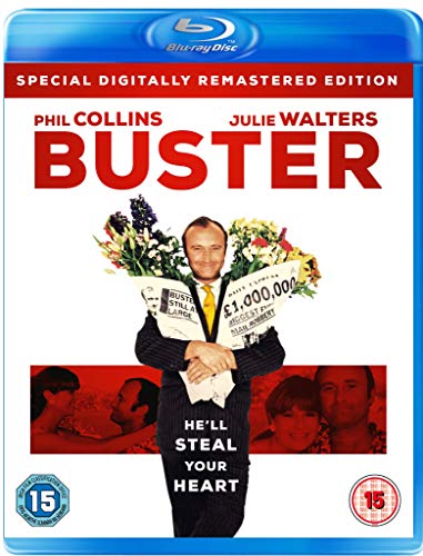 Buster" Blu-ray cover featuring Phil Collins holding money and flowers.
