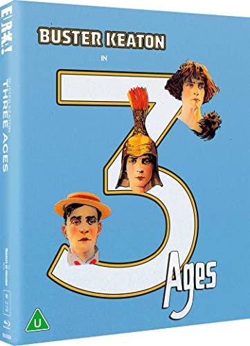 Blu-ray cover for Buster Keaton’s “Three Ages” featuring portraits and a large number 3.