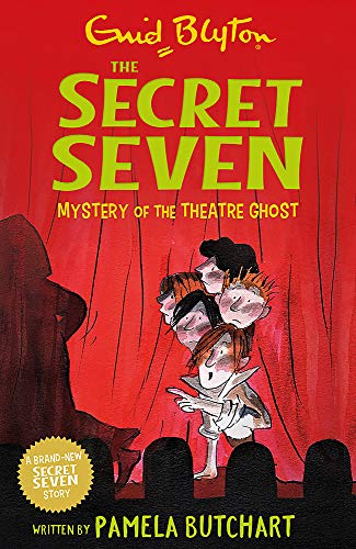 Book cover: children investigate a theatre ghost with red curtains.