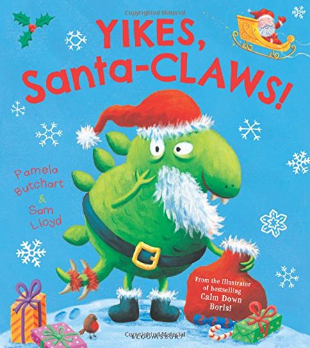 Green dinosaur in a Santa hat with gifts and snowy decorations.
