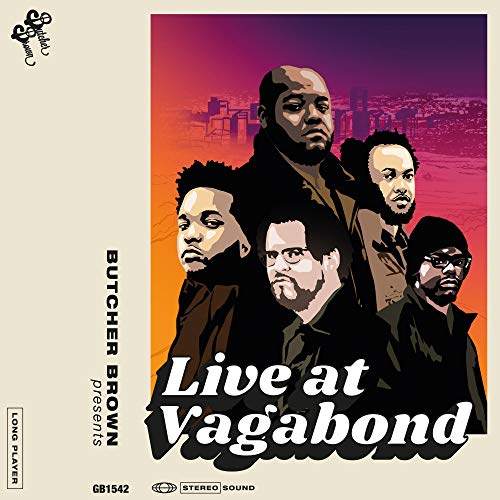Butcher Brown band members illustrated against a city skyline, album cover.