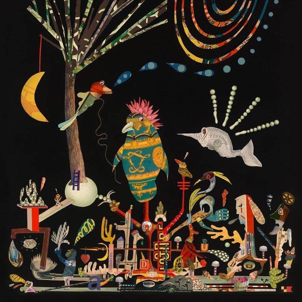Collage album cover featuring fantastical birds, a moon, and abstract shapes.