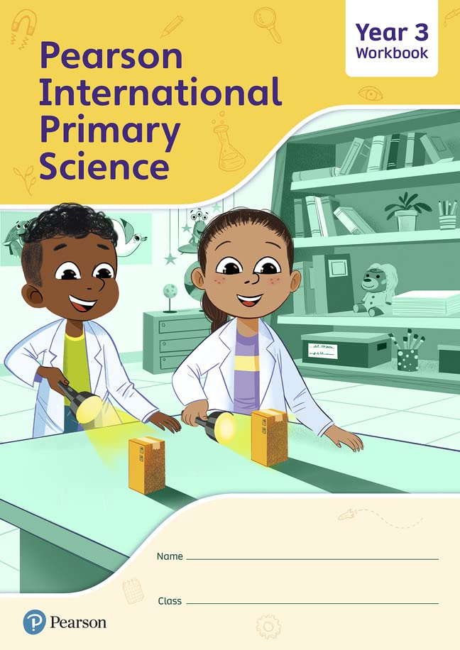 Year 3 science workbook cover with children in a lab setting.