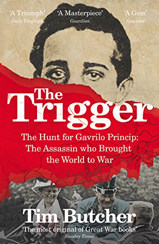 Book cover: black and white portrait of Gavrilo Princip with red background.
