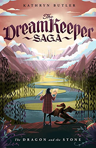 Book cover: girl, dragon, and mountainous landscape in illustrated fantasy style.