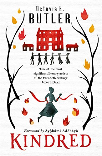 Book cover for "Kindred" by Octavia Butler with silhouetted figures and flames.