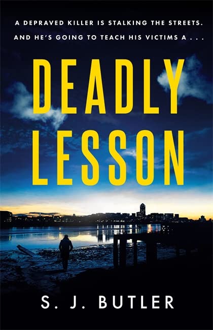 Book cover: "Deadly Lesson" with a lone figure by the water.