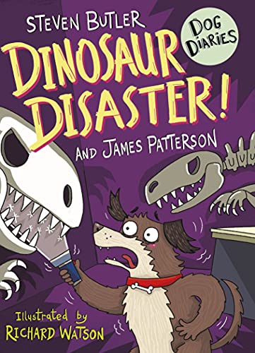Book cover: dog with dinosaur skeleton, titled "Dinosaur Disaster!".