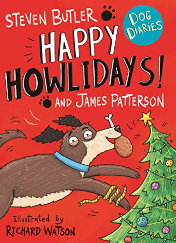 "Red book cover featuring a cartoon dog tangled in a Christmas tree."