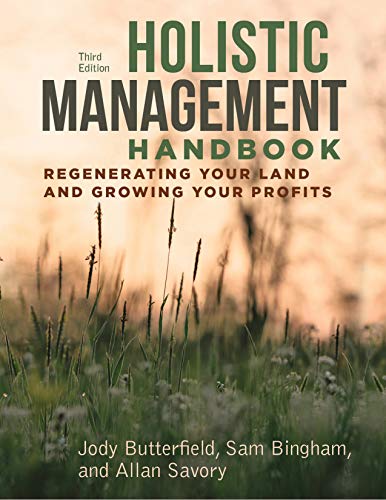 Book cover for Holistic Management Handbook with a background of grass at sunset.