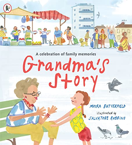 Book cover: grandmother and child with a bustling market scene.