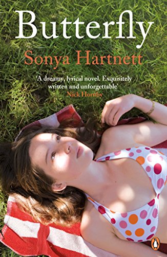 Book cover: “Butterfly” by Sonya Hartnett, woman lying in grass.